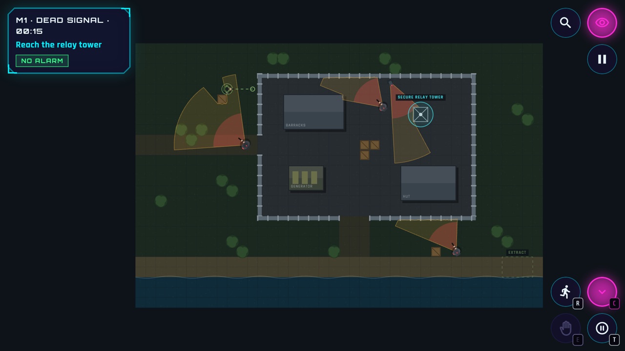 M1 · Dead Signal: Crouched in the bushes, edging round a guard's sweep.