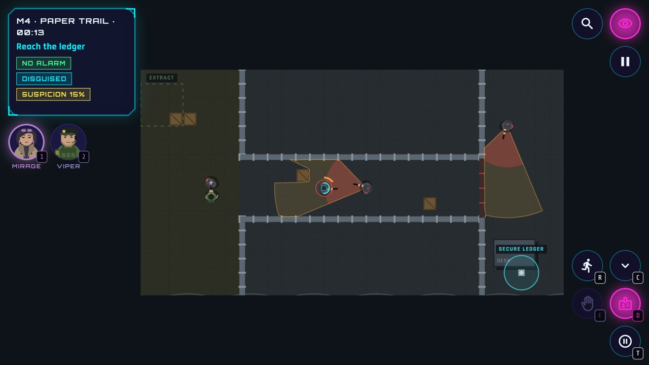 M4 · Paper Trail: Mirage, disguised, works a console under a guard's nose.